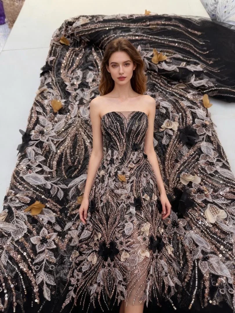 

African 3D Flower Beaded Fabric Sequins 2025 High Quality Embroidery French Tulle Lace Fabric for Wedding Luxury Fashion 5 Yards