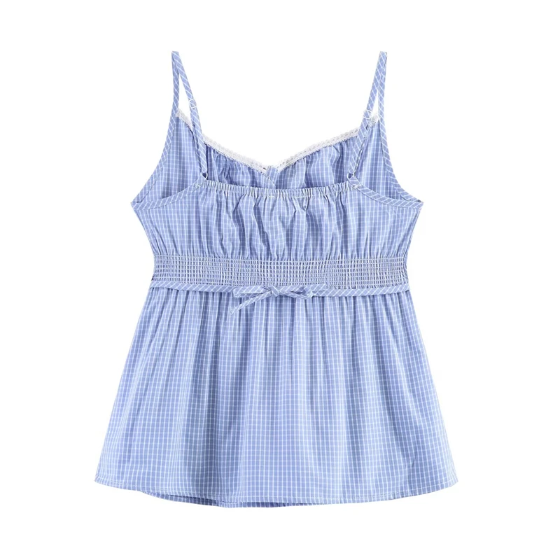 KEYANKETIAN 2026 Summer Cottagecore Vintage Checkered Cami Top Adjustable Spaghetti Straps, Smocked Back & Lace Neckline Vest