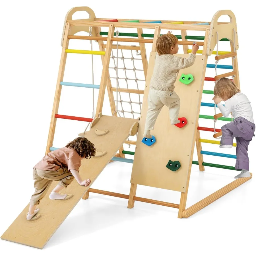 

Indoor Jungle Gym 8 in 1 Montessori Indoor Playground Climbing Playset for Toddlers with Slide Swing Net Monkey Bars Rope Ladde