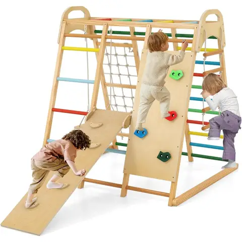 Indoor Jungle Gym 8 in 1 Montessori Indoor Playground Climbing Playset for Toddlers with Slide Swing Net Monkey Bars Rope Ladde