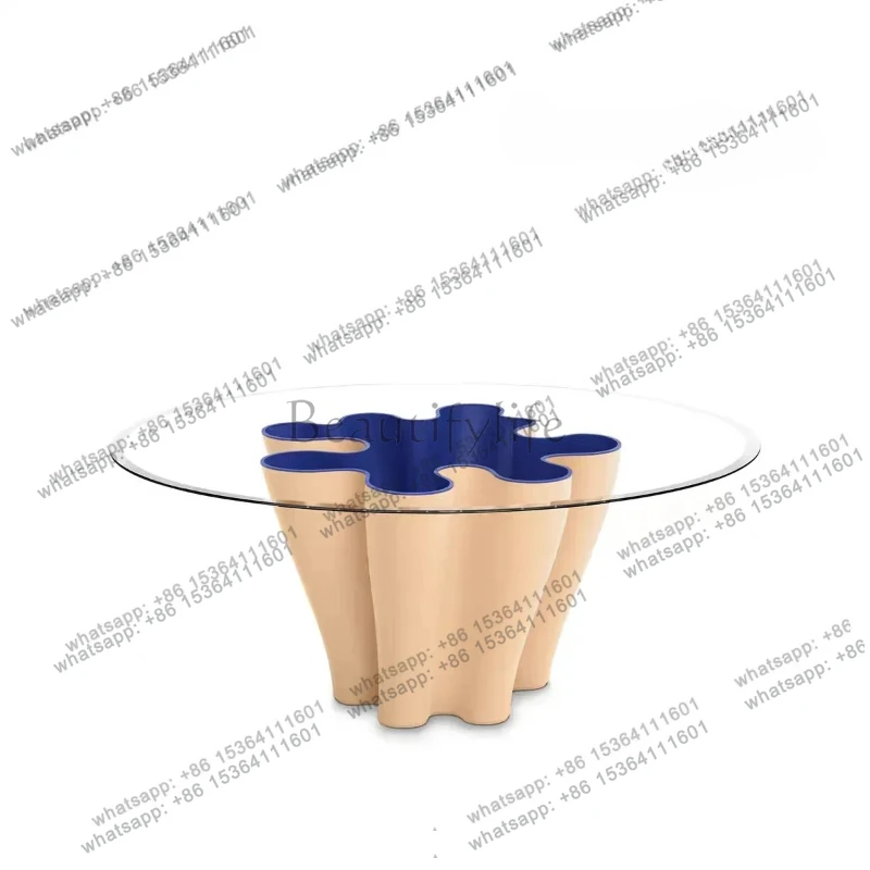 

Italian Light Luxury Round Glass Dining Table Art Fiberglass High-end Wave Dining Table Wavy Flower Coffee Table