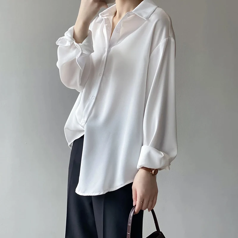 Vintage Spring Satin Shirt 2024 Women Simple Blouse Top Women Long Sleeve Dress Shirt Loose Blouse Woman Overshirt Clothing