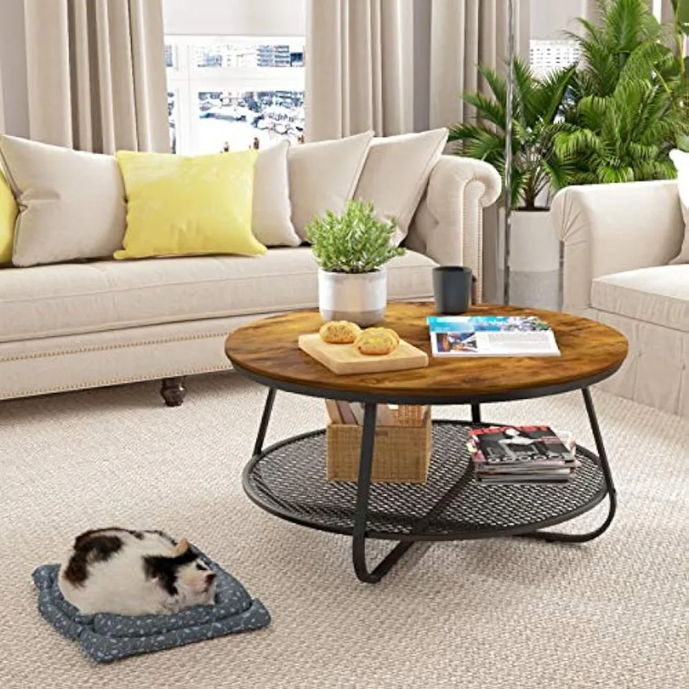 

Modern industrial 2-story circular coffee table, used in the living room, with an open storage space for a circular coffee table