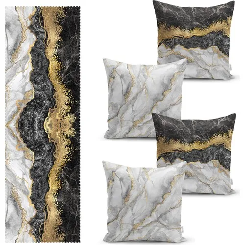 Real Homes Black Marble Pattern 4 Pillow decorate Case and 1 Runner Set