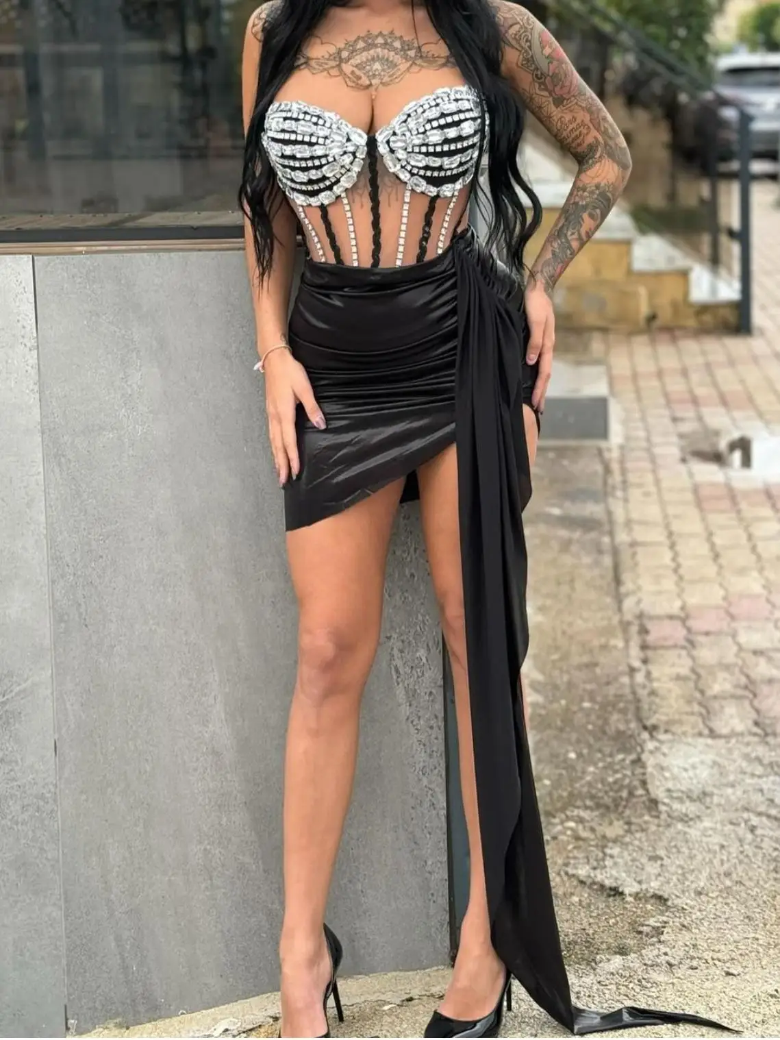 Women Sexy 2 Pieces Top Skirt Sets Sparkly Diamonds See Through Stage Show Outfit Designer Performance Party Nightclub Dress