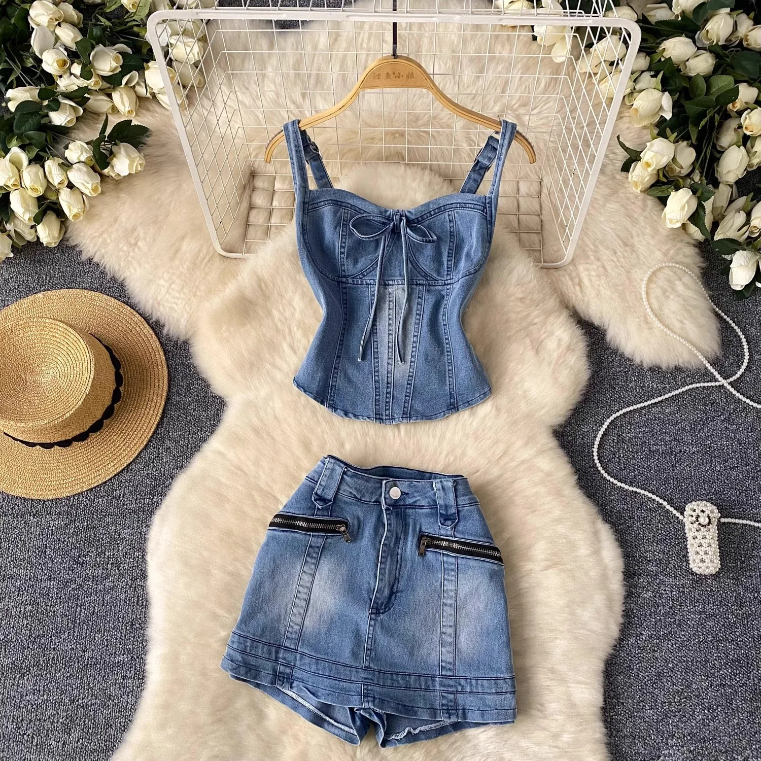 

Camisole Vest With Hip Culottes Suit Sexy Strapless Slim-Fit Tank Top + Zipper Pocket Hip Culottes Fashion Denim Suit