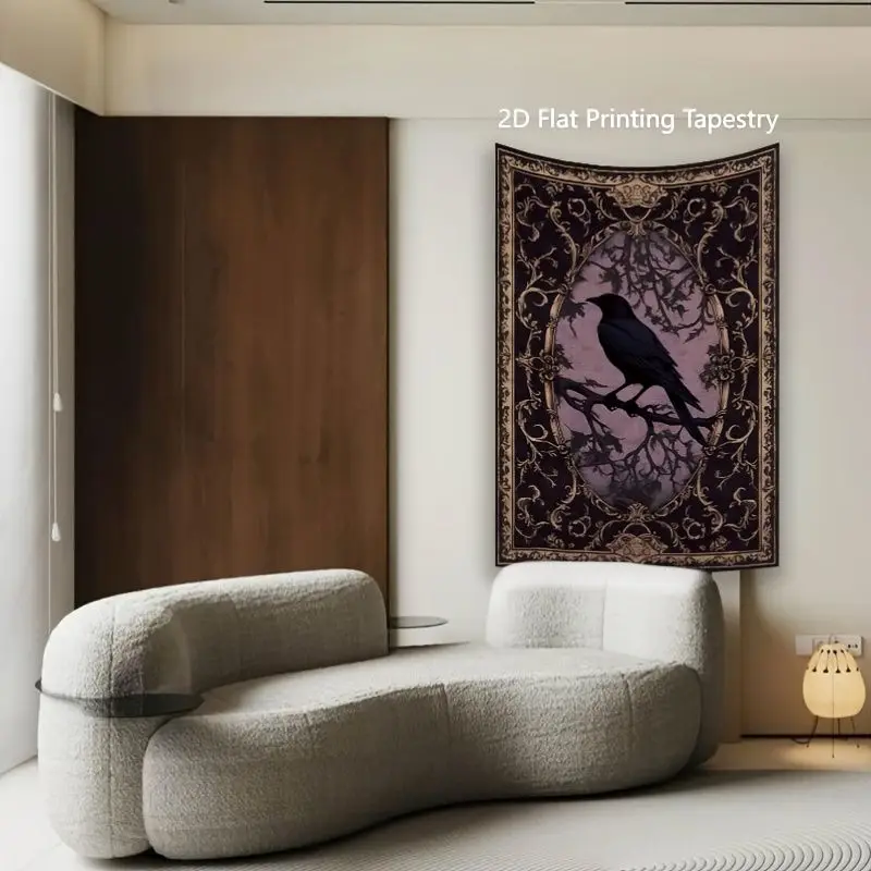 VIKAMA Gothic Raven Tapestry Black Crow Ornate Gold Frame Purple Background Dark Academia Wall Hanging Wall Art Room Decor