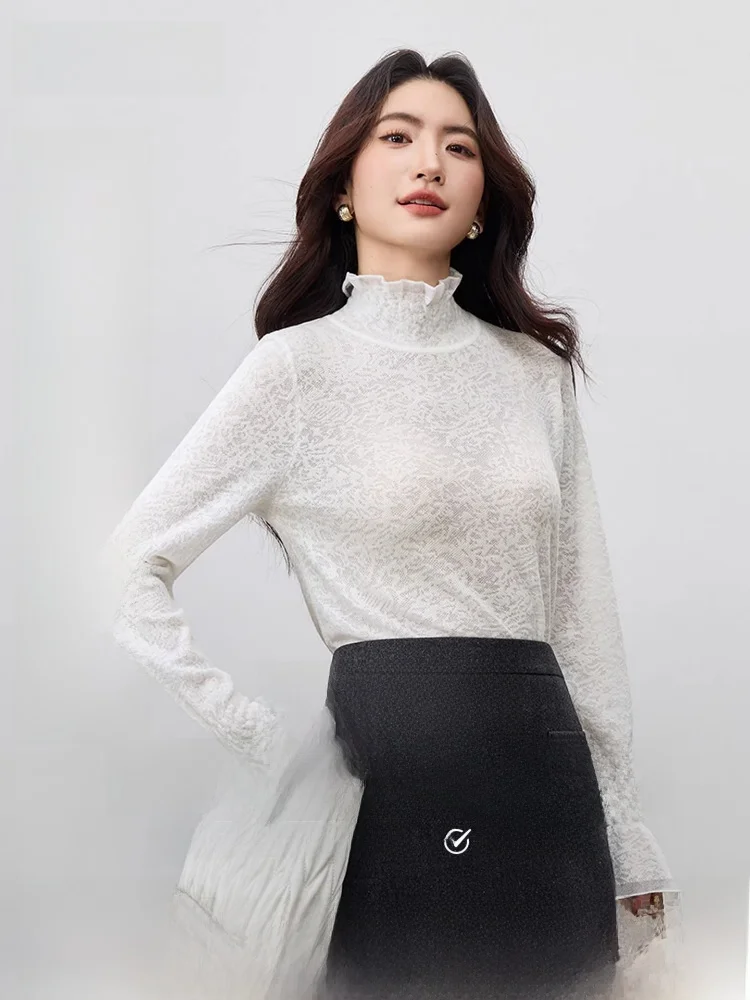 

Женский вязаный свитер Ele Commute с высоким воротником, эластичными рукавами-колокол, микро-прозрачный, эластичный, из полиэфирного волокна