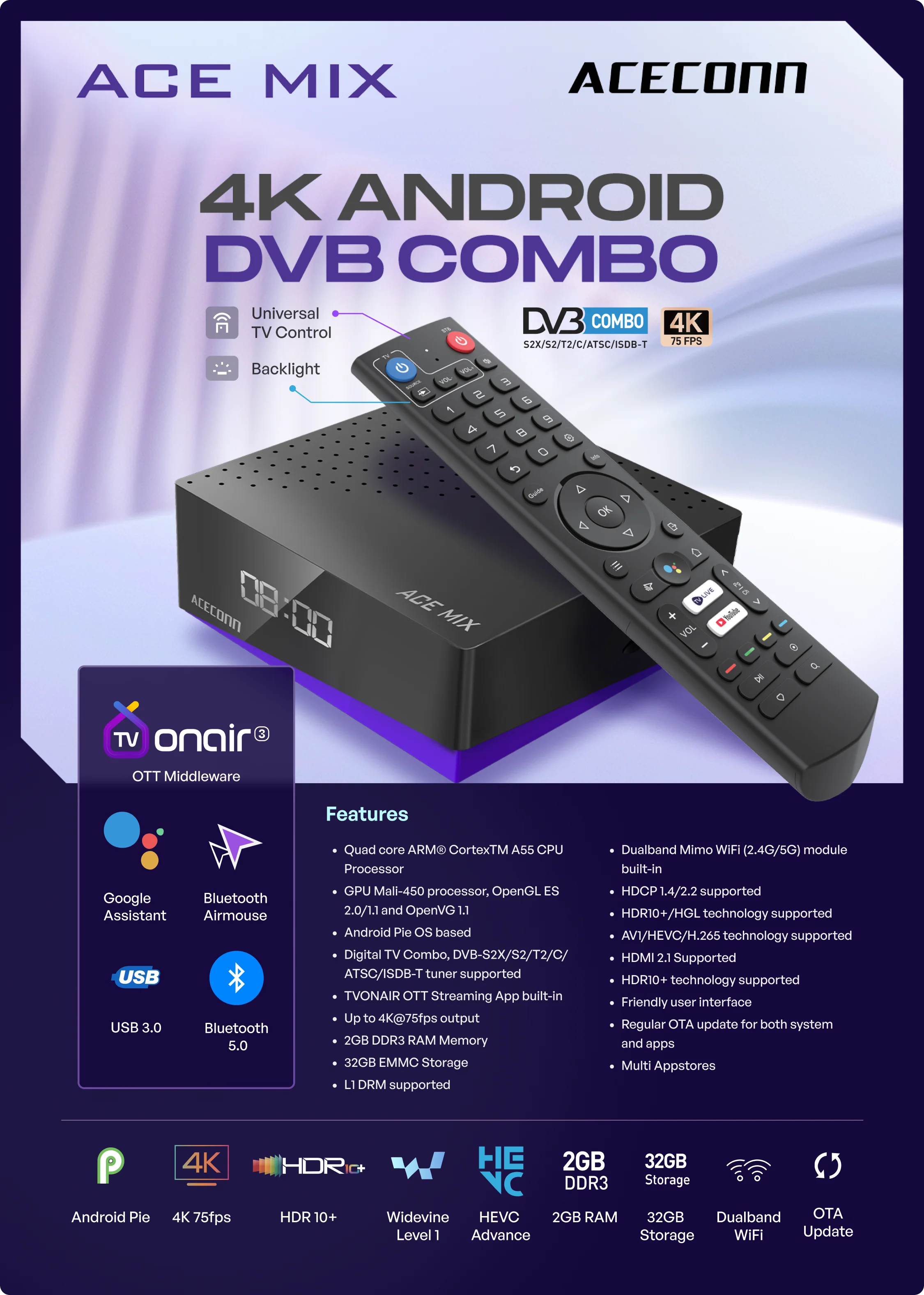 Receptor de satélite ACECONN ACEMIX Android TV boxs 4K DVB-S2/T2/C TVONAIR3 iptv 12 meses Player Dual WiFi BT Remote Air mouse