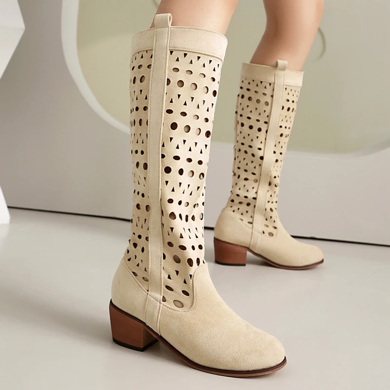 

2025 Fashion Female Breathable Hollowed Out Tall Boots Faux Suede Round Toe High Knight Boots Knee High Mid Heels Cool Boots New