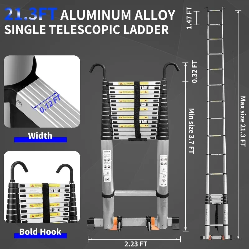 Telescoping Ladder,21.3 FT Extension Ladder,Aluminum Lightweight Telescopic Ladder with 2 Triangle Stabilizers