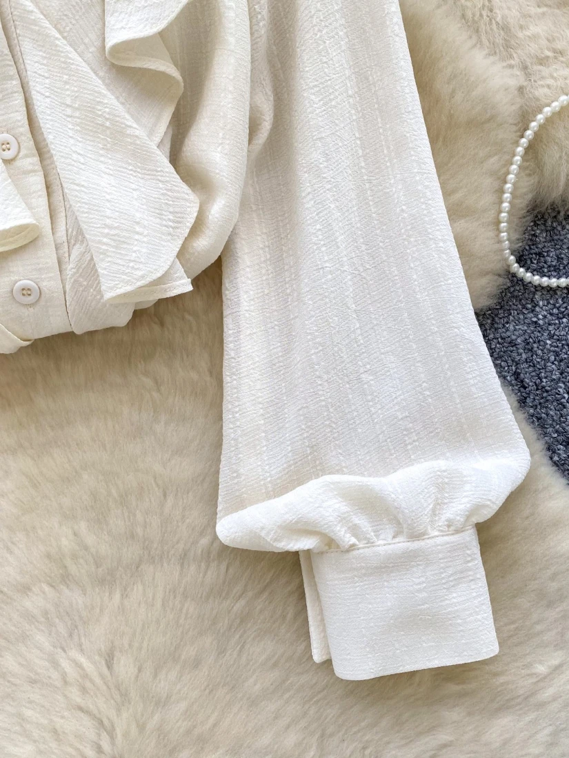 Foamlina Spring Autumn Women's White Shirt French Elegant Ruffles V Neck Long Sleeve Single Breasted Loose Shirt Vintage Blouse