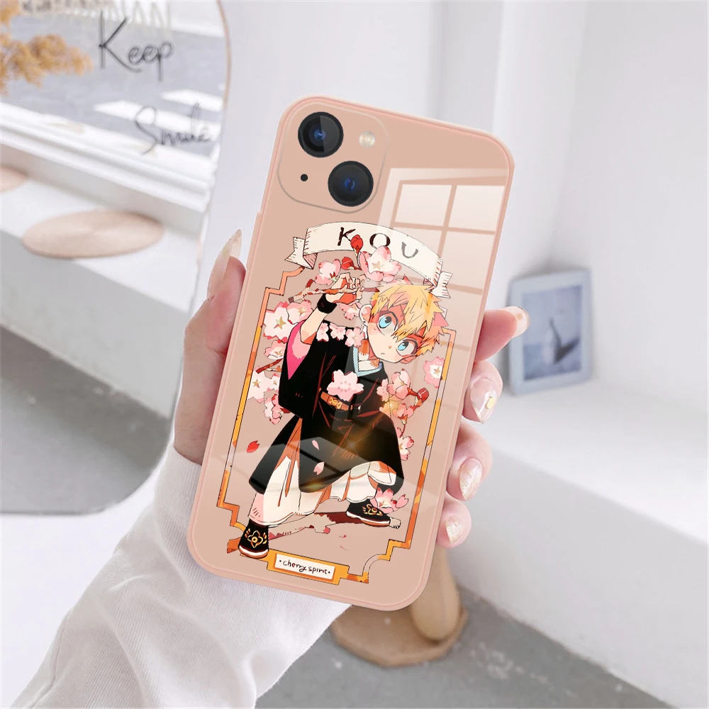 Anime Jibaku Shounen Hanako Kun Tempered Glass Phone Case For iPhone 11 12 13 ProMax X XR XS 14 15 8 7 Plus Pink reflective case