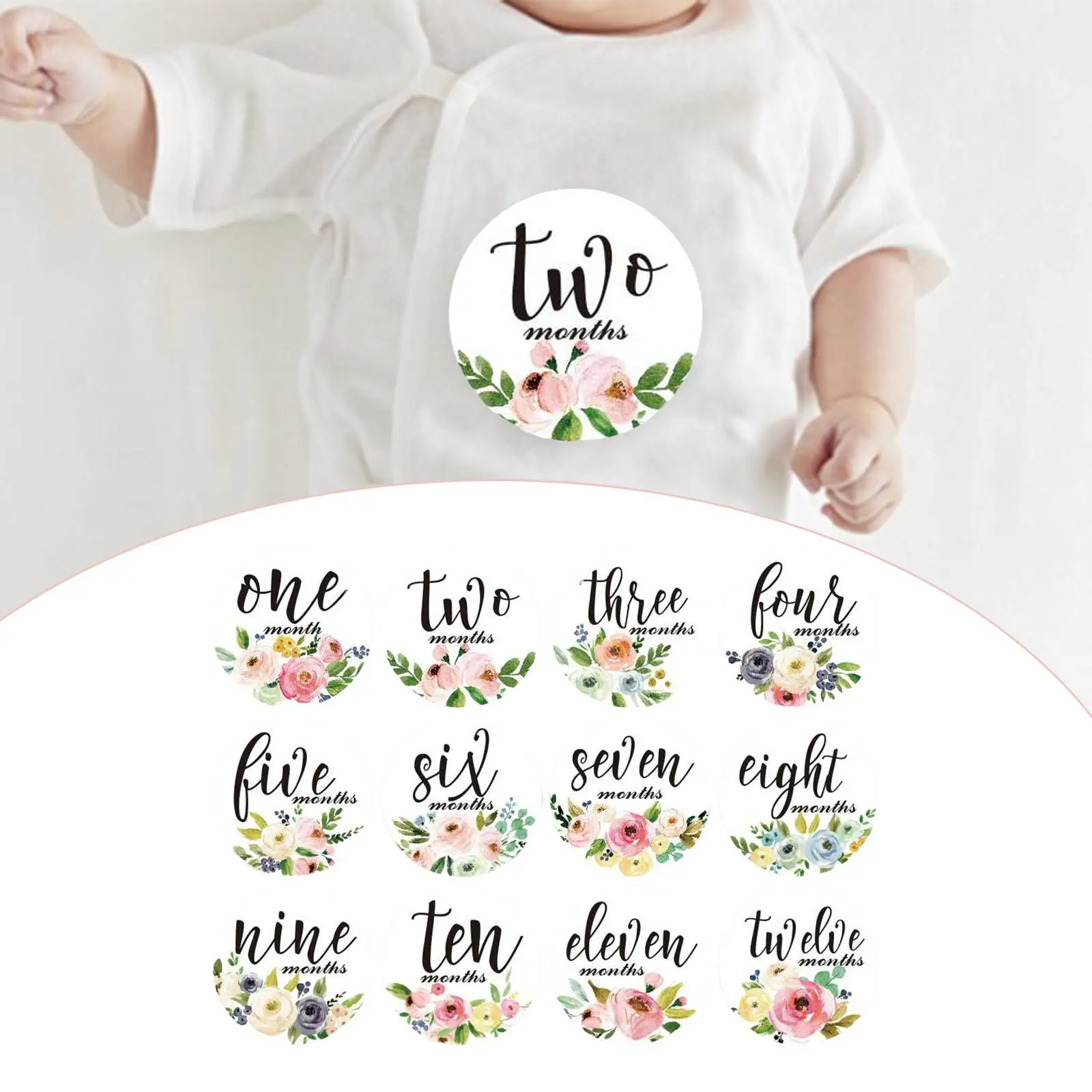 12 Pieces Baby Milestone Monthly Stickers with Flower, , Appropriate Month On Baby'