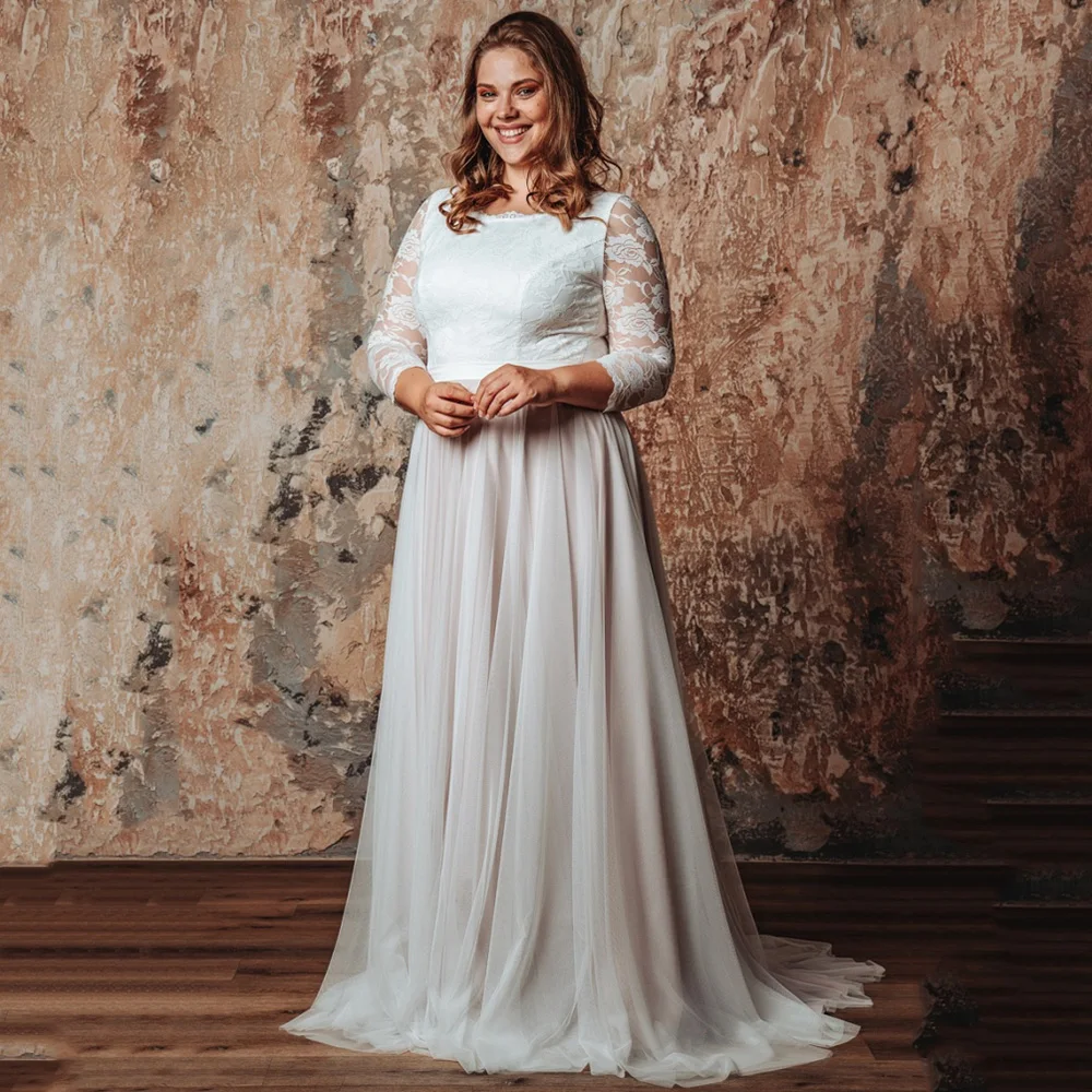 Modest Scoop A-line Plus Size Wedding Dresses with Sleeve Floor Length 3/4 Sleeves Lace Bridal Gown Oversize Bride Dress