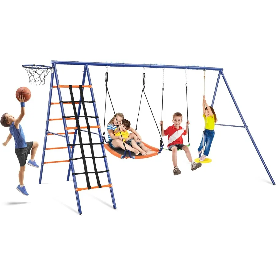 

6 in 1 Outdoor Swing Set for Backyard Play: HeavyDuty AFrame Metal Stand Supports Up to 550lbs Includes 3 Adjustable Swings Bas
