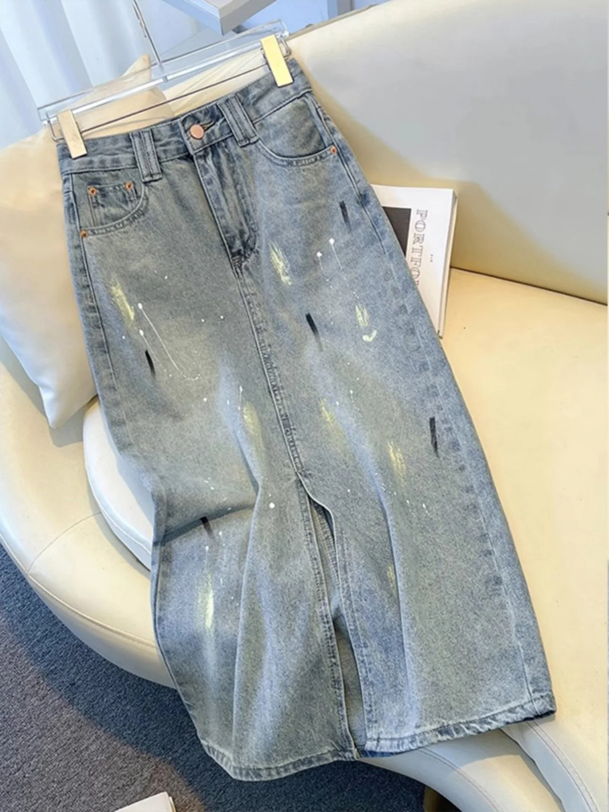 

Ретро джинсовая юбка с высокой талией, женская, летняя, новинка 2026 года, А-силуэт, средней длины, облегающая, для повседневной носки