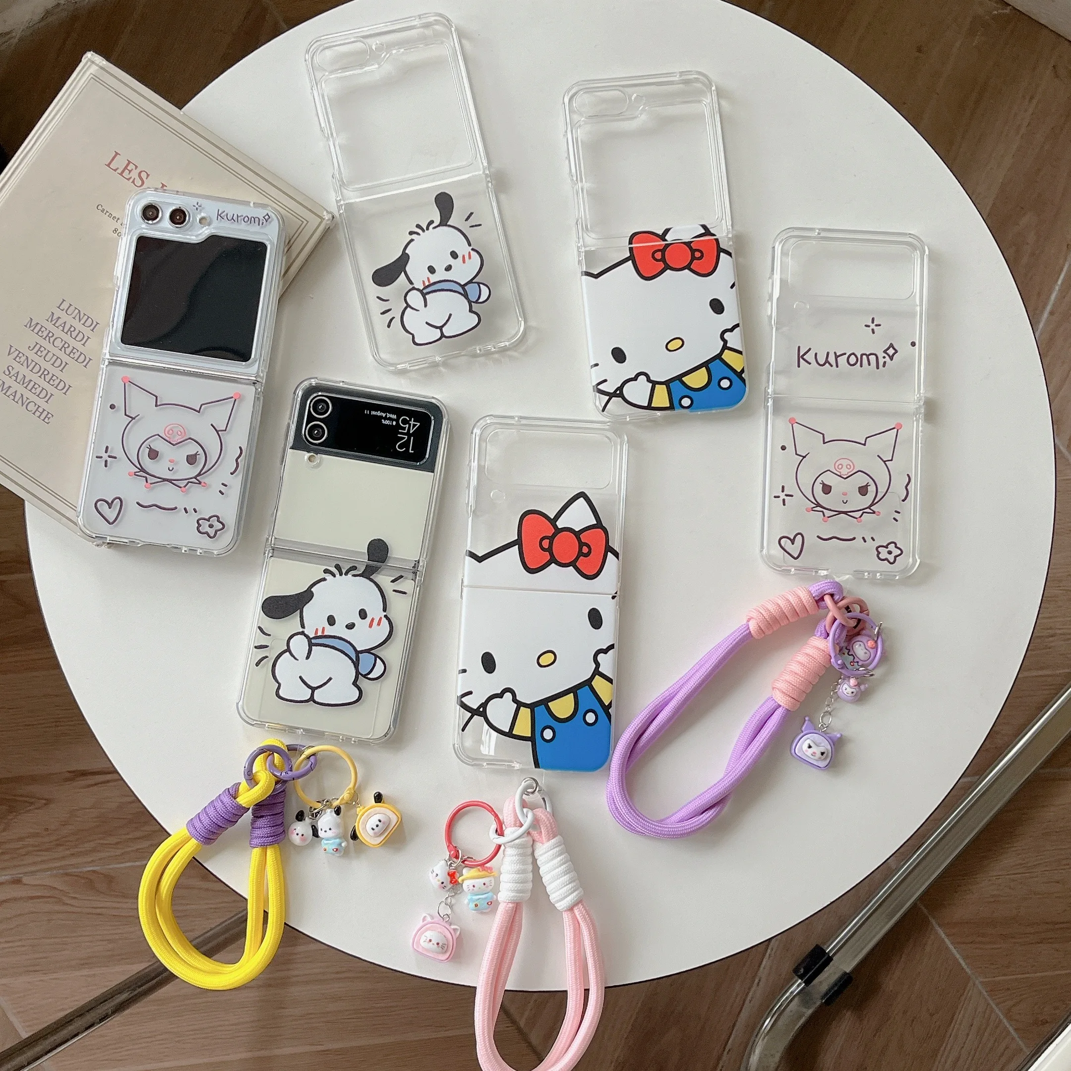 

Sanrios Hello Kitty Kuromi with hand strap Phone Case for Samsung Galaxy Z Flip 3 4 Hard PC Back Cover for Z Flip 5 Case Case