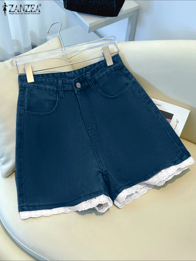ZANZEA, pantalones cortos tipo mezclilla con ribete de encaje a la moda para mujer, pantalones cortos con cremallera de Color sólido, ropa informal diaria de verano 2025, pantalones para mujer