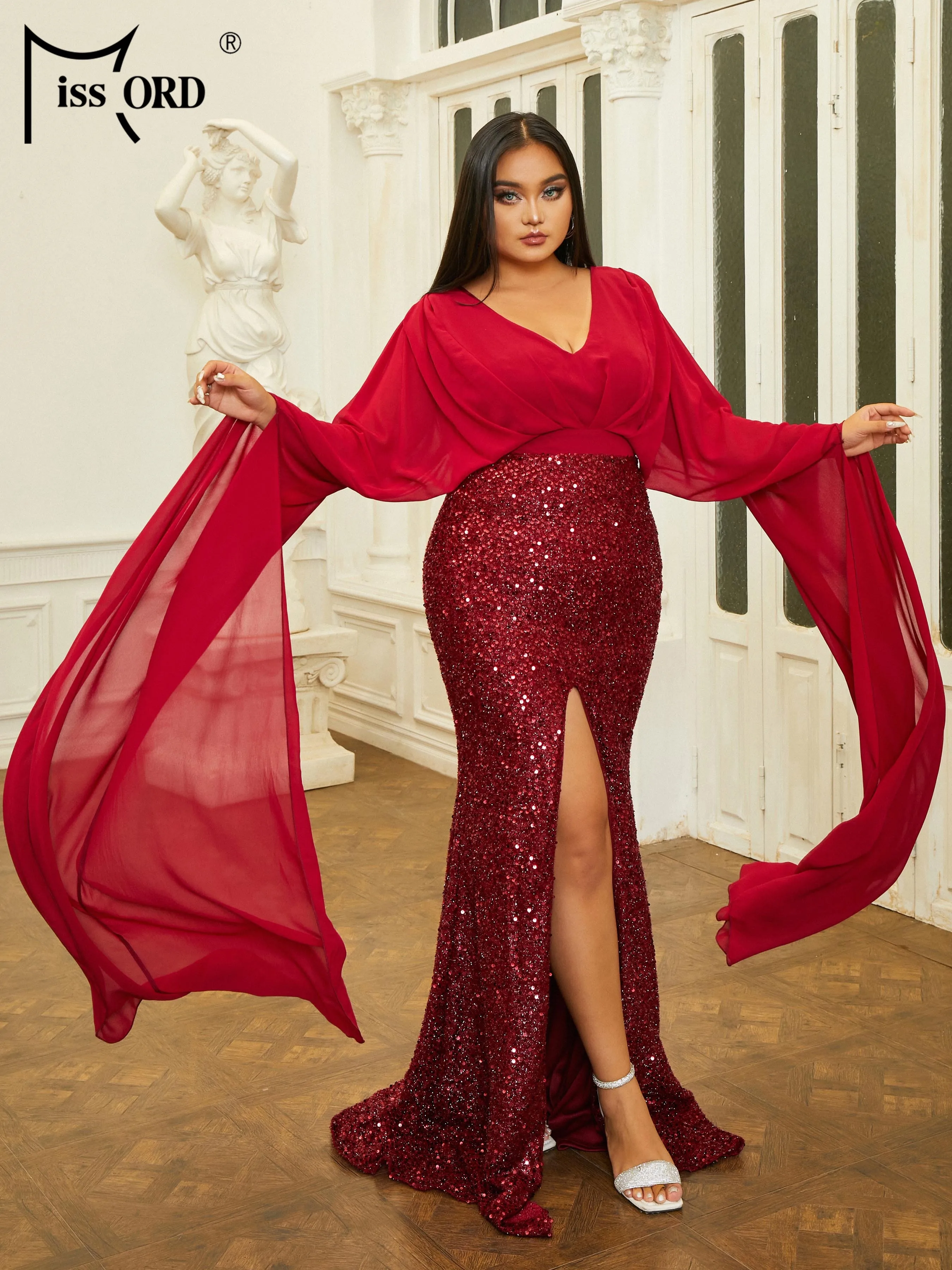 Missord Plus Size New V Neck Panel Sequin Long Sleeve Burgundy Evening Prom Party Formal Occasion Dresses