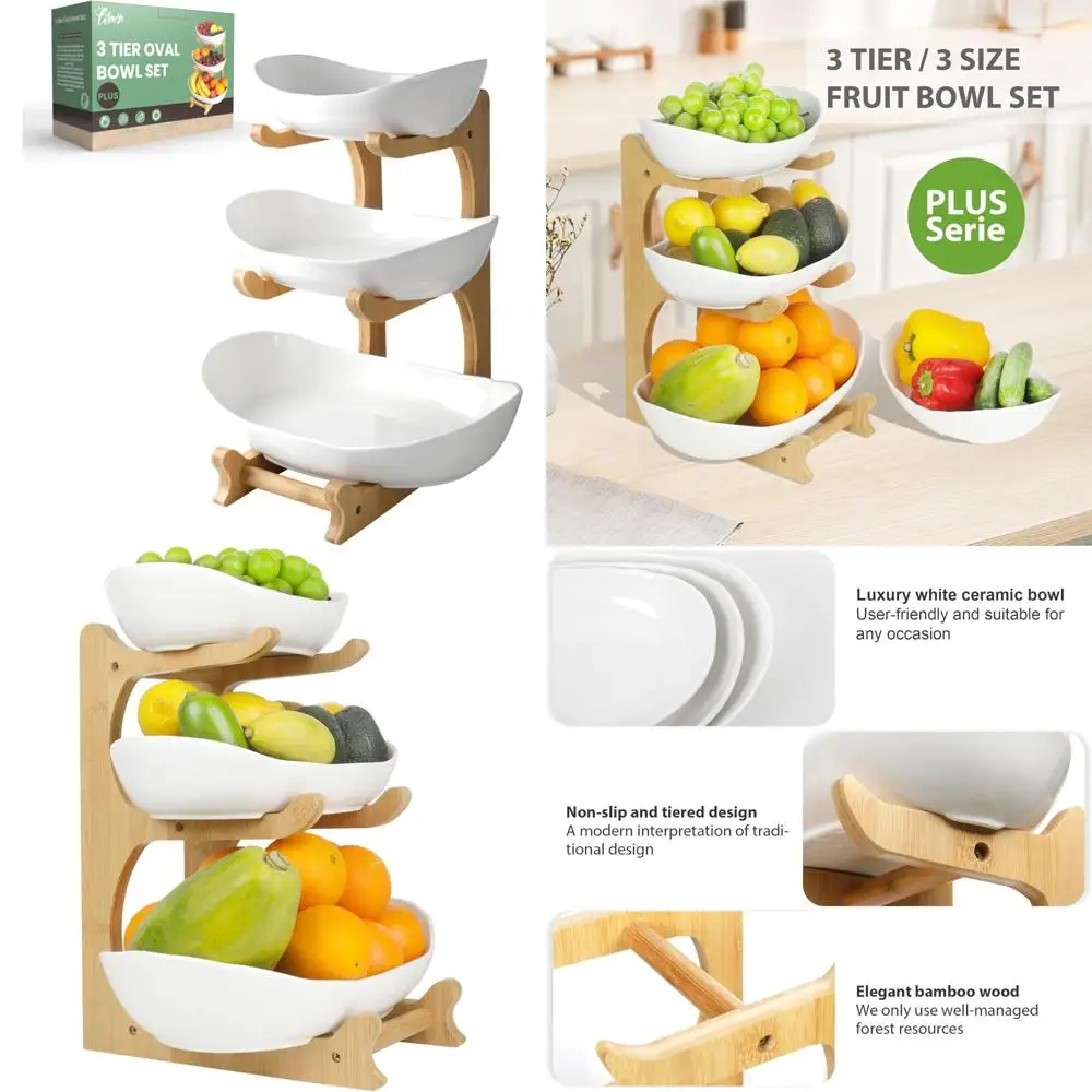

"Sparta 3-Tier Ceramic Fruit Bowl with Bamboo Stand for Kitchen Counter"