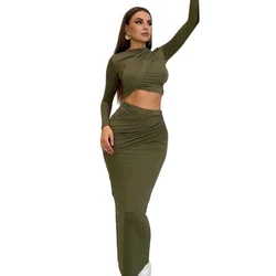 Women's Long Sleeves O-Neck Crop Tops and Skirt Set, Pleated Irregular, Solid Color, 2pcs Set