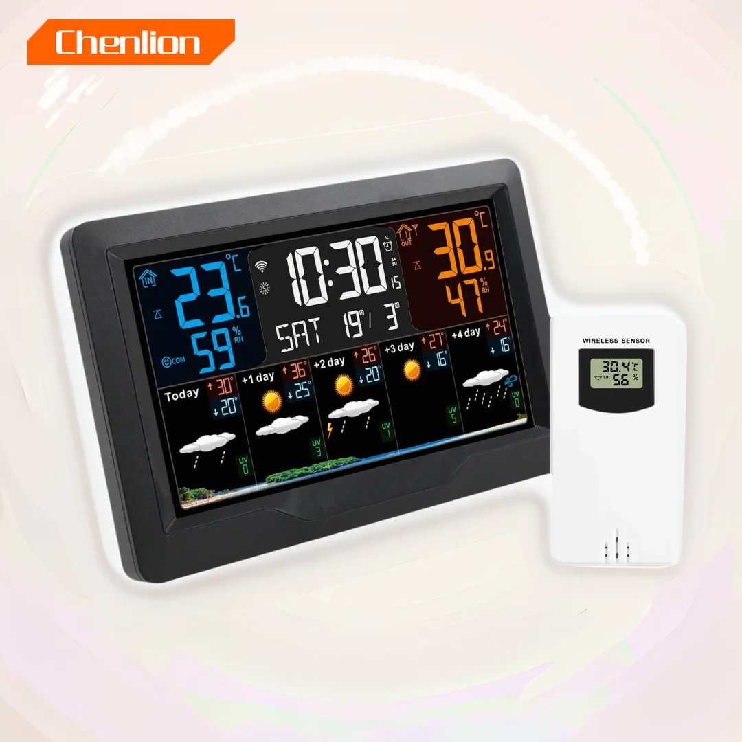 Wireless Color Weather Station with 3 Sensors Indoor Outdoor Temperature and Humidity Have Radio Control and Weather Forecast