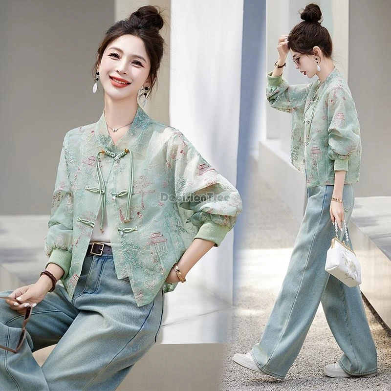 2024 exquisite chinese style embroidery thin coat retro temperament versatile cardigan stand collar button tassel tang suit top