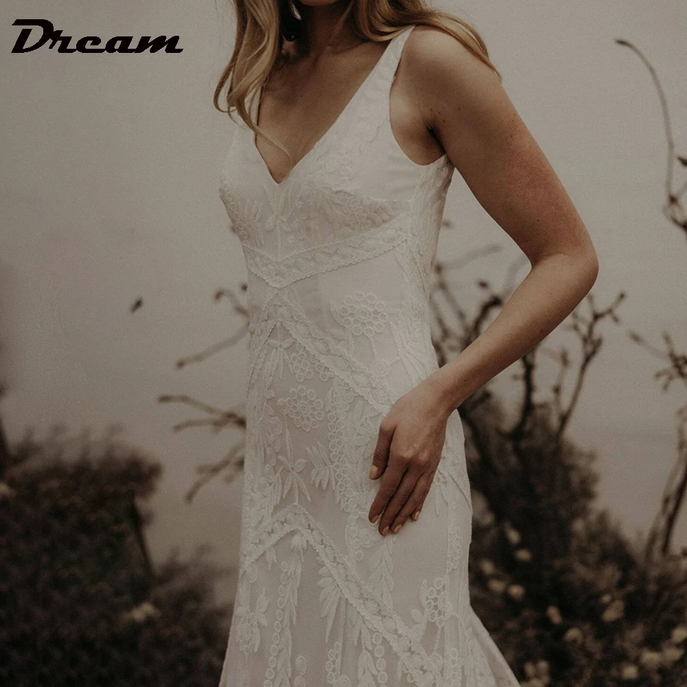 DREAM Customized Elegant Long V Neck Sleeveless Boho Mermaid Wedding Dress 2025 Lace Open Back Sweep Train Bridal Gown