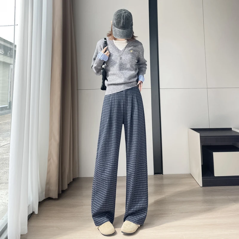 

Женские осенне-зимние широкие брюки в клетку с высокой талией, женские прямые свободные брюки полной длины из шерсти