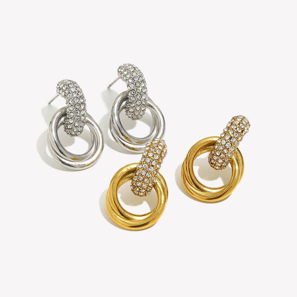 E.B. belle White Zircon Double Ring Stud Earring Basic Stainless Steel Jewelry For Women Girls Party Daily Life Waterproof