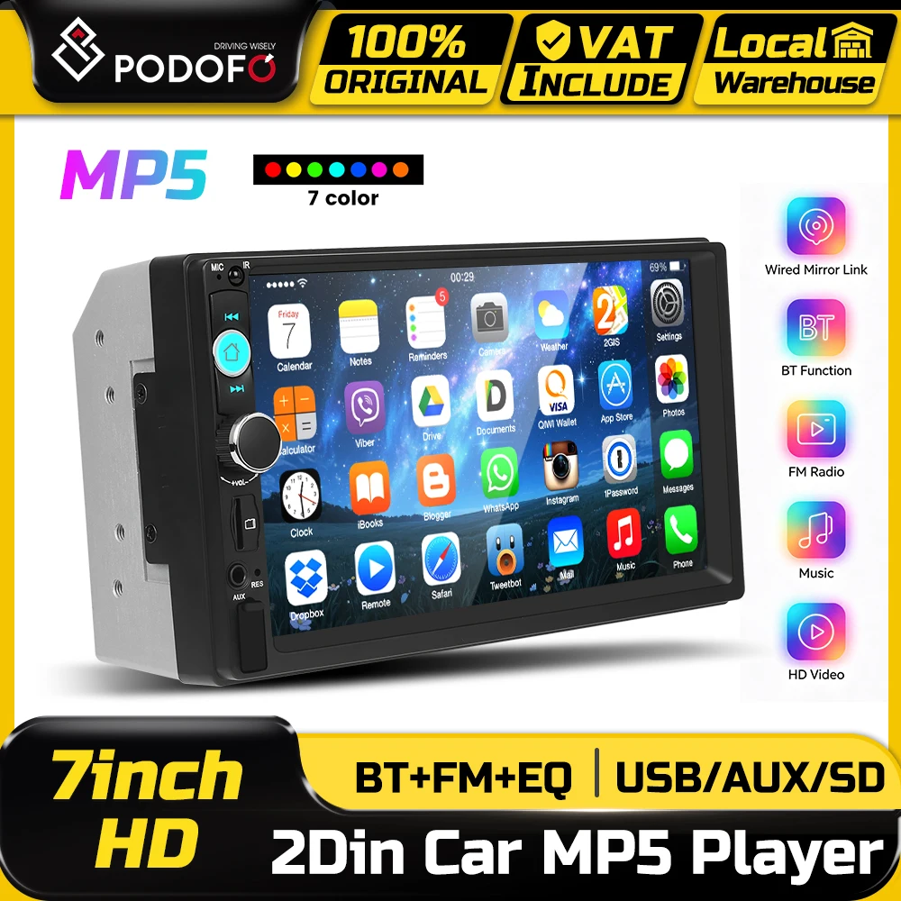 Podofo 7'' Touchscreen Autoradio Multimedia-Videoplayer Mirror Link Auto-Intelligentes System BT EQ FM-Radio Stereo Auto-MP5-Player