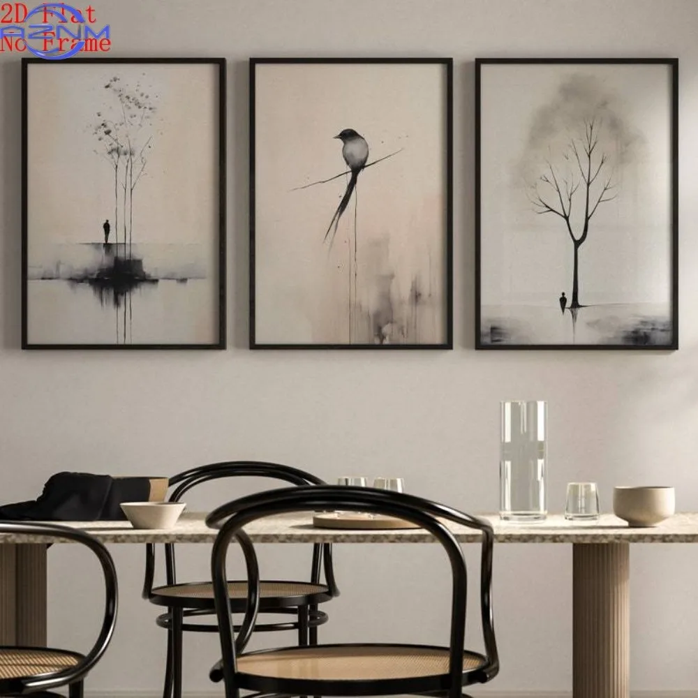 3pcs AZNM Japandi Modern Minimalist Watercolor Bird Paintings - Scandinavian Wall Suitable for Office Decor, Neutral Tone Bird
