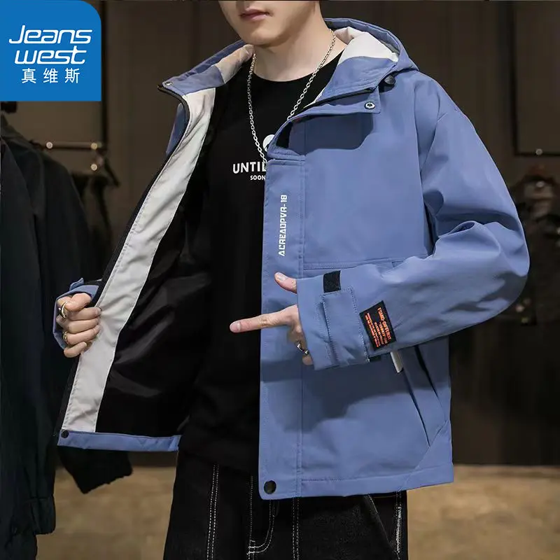 Jeanswest 2023 Multi-styler All-match Men's Coat Spring and Autumn Tooling Fashion Trend All Lapel Jacket Hooded Casual Coat