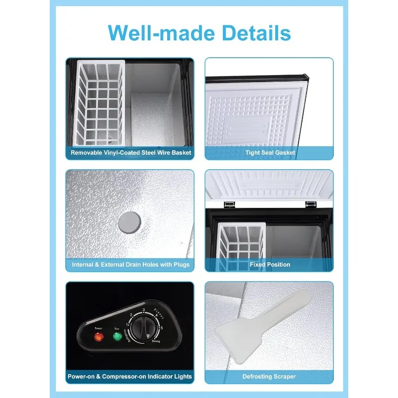 فريزر الصدر 3.5 قدم مكعب صغير 7 تروس للتحكم في درجة الحرارة، فريزر عميق مدمج مع باب مفتوح علوي وسلة تخزين قابلة للإزالة