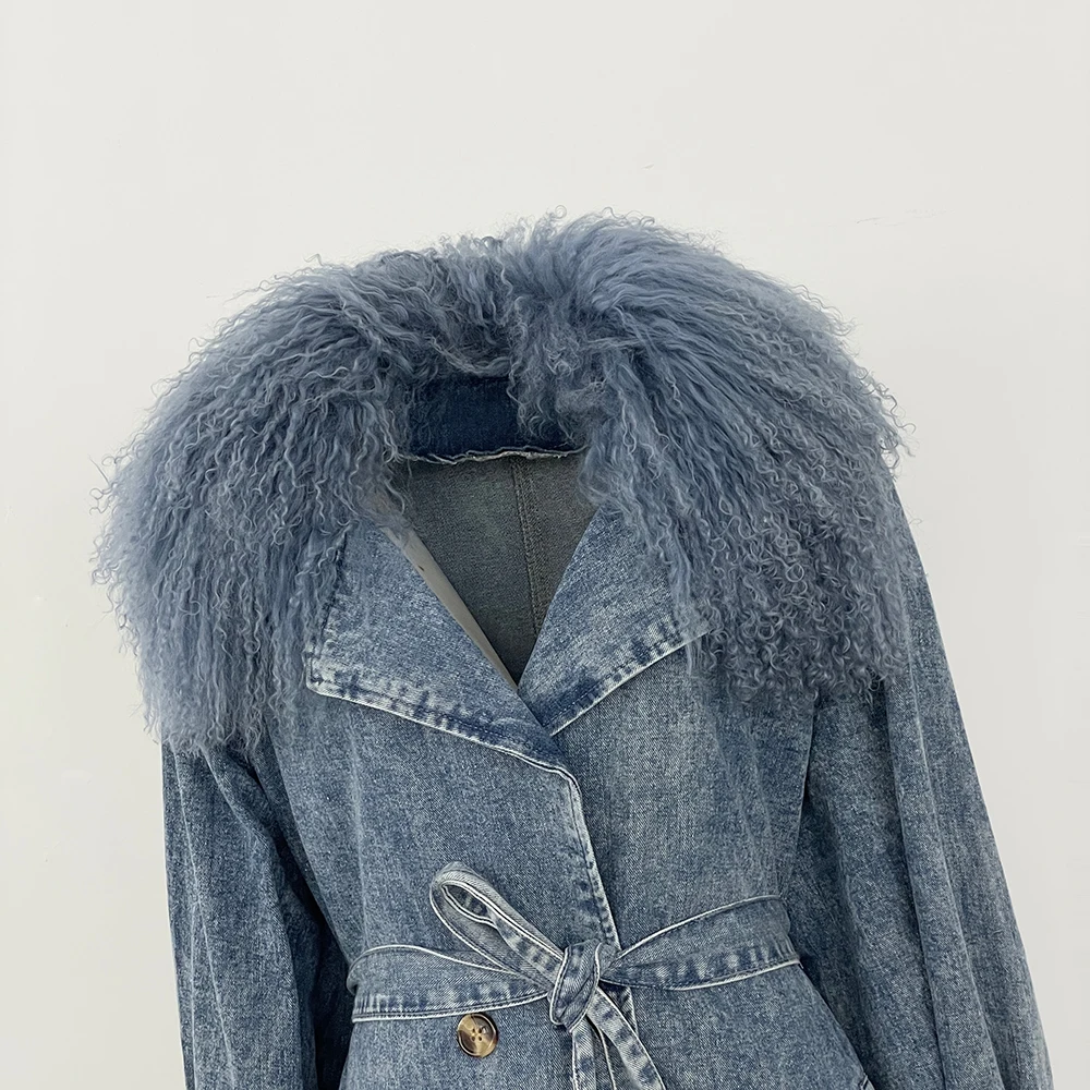MENINA Outono Inverno Casaco Mulheres Real Mongólia Pele de Ovelha Jaqueta Jeans Cinto Longo Jaqueta Feminina Manga Longa Roupas de Pele Real