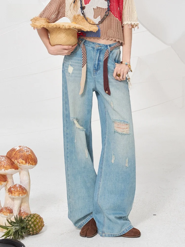 

Washed Bluejeans Women's Loose Straight Leg Jeans Summer New Style Torn Hole Wide Leg Pants Casual Natural Waist Zipper