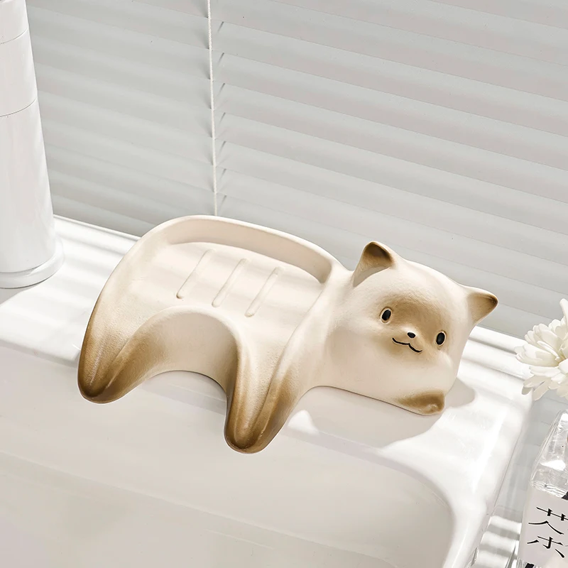 WHYOU Ceramic Cat Soap Dish Holder Drain Portable Home Bathroom Hotel Soap Box Tray Bathroom Accessories Crafts Gift