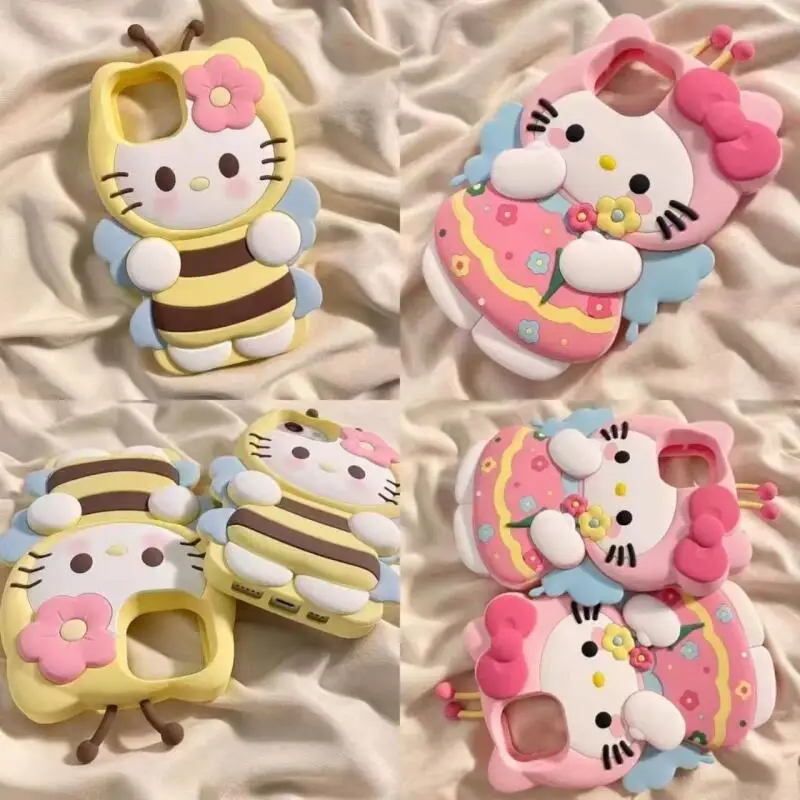 Sanrios Bee Hello Kittys Cartoon All Inclusive Mobile Phone Case New Cute Girls Anti Fall Silicone Mobile Phone Protective Case