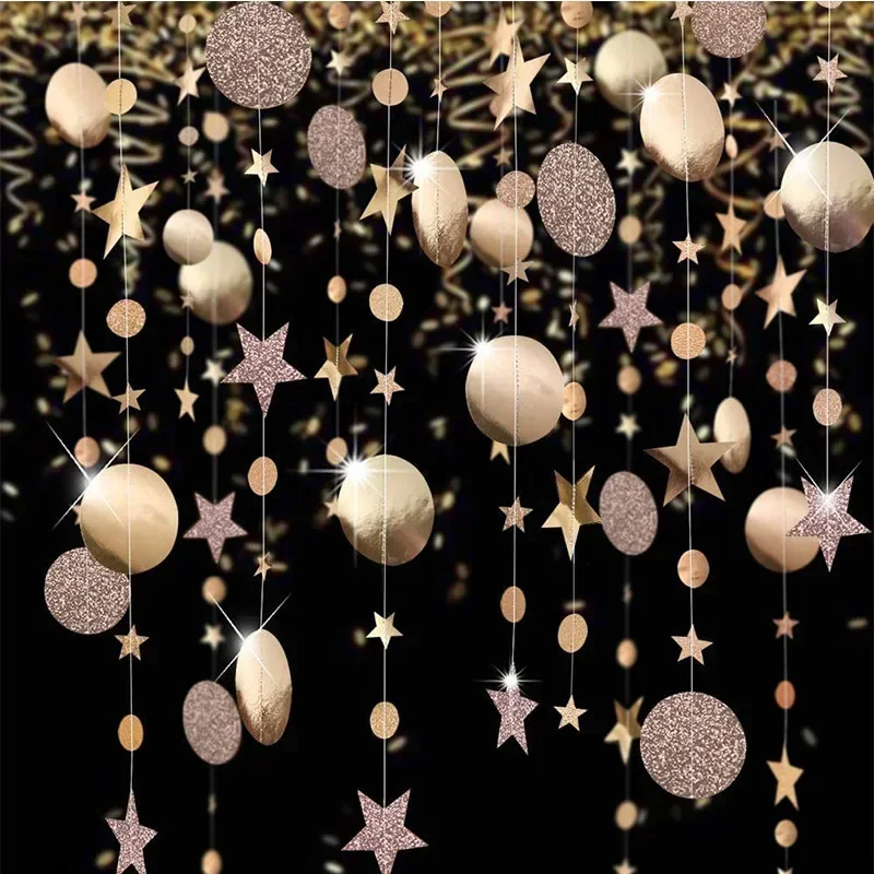 4M Silver Iridescent Paper Garland Star Round String Banners Wedding Birthday Party Home Hanging Decorations Baby Shower Favors