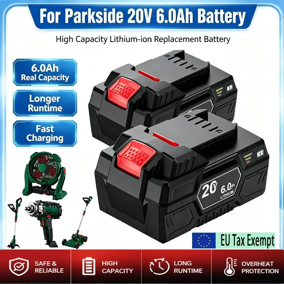 Für Parkside 20V Full Range Werkzeugakku, 20V 6,0Ah Schnellladender Lithium-Ionen-Akku, Geeignet für Parkside Kettensägen-Bohrmaschinen PAP 20 B3/PAP 20 A3/PAPS 208 A1 Modelle