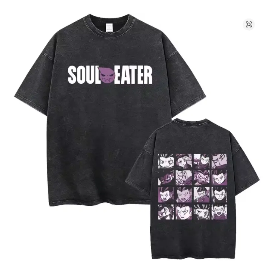 Anime Soul Eater Graphic T Shirt Men Women Washed Cotton Tshirts Casual Loose Manga Tee Harajuku Male Street Vintage T-shirt