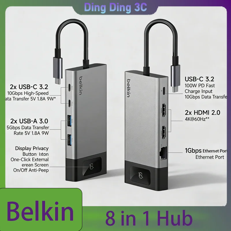 

Belkin INC027 Type-C Docking Station 8 In 1 One Click Privacy Dual HDMI 4K Ethernet PD 100W 10Gbps For Apple MacBook Laptops