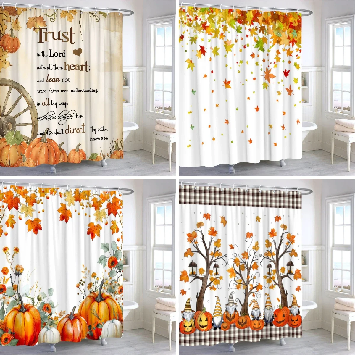 Autumn Watercolour Leaves Pumpkin Shower Curtain Maple Leaves Thanksgiving Gift Polyester Printed Shower Curtains Bathroom Decor