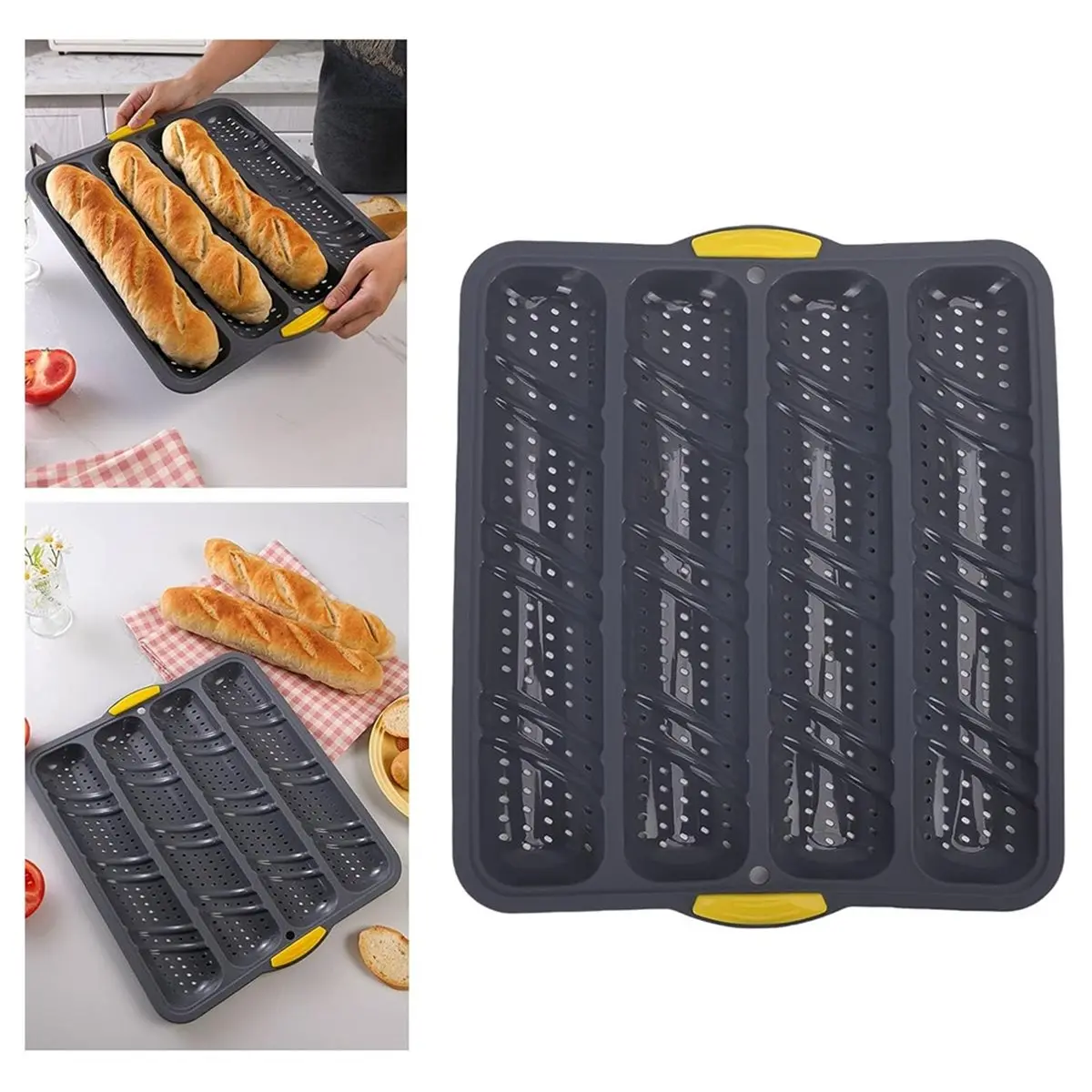 4 Cavity Silicone Bread Loaf Pan, Non Stick, Easy Release, French Sub Bread Roll Pan for Oven Bakers, Non Slip Handles