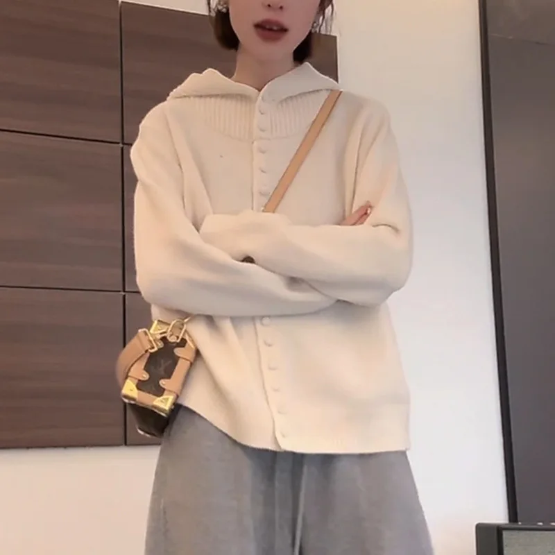 2025 nouveau Style coréen à la mode décontracté Style paresseux à capuche tricoté Cardigan simple boutonnage pull veste pour les femmes