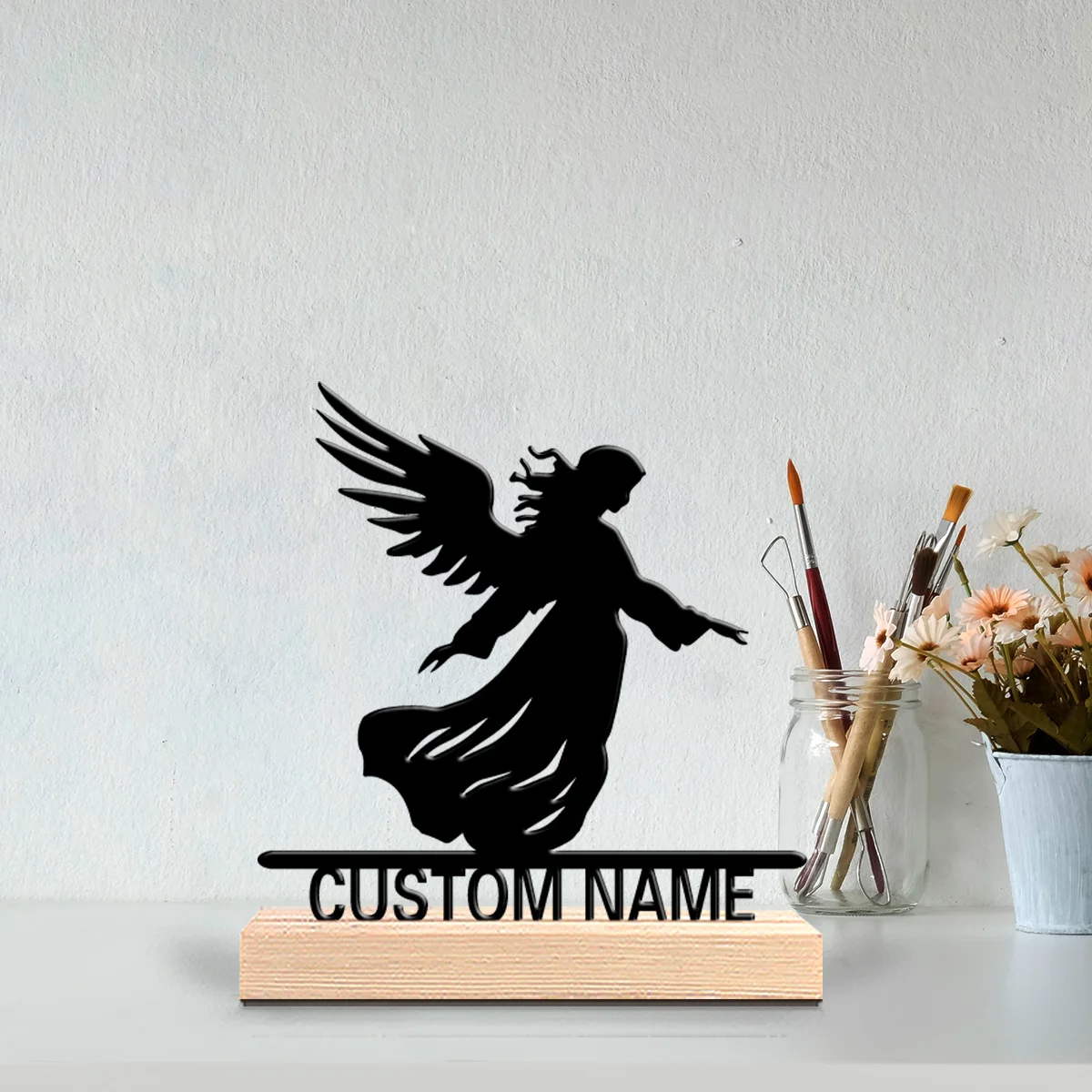 1pc Fun Personalized Custom Guardian Angel Metal Statues Modern Wooden Base Decor for Office Living Room Nature-Inspired