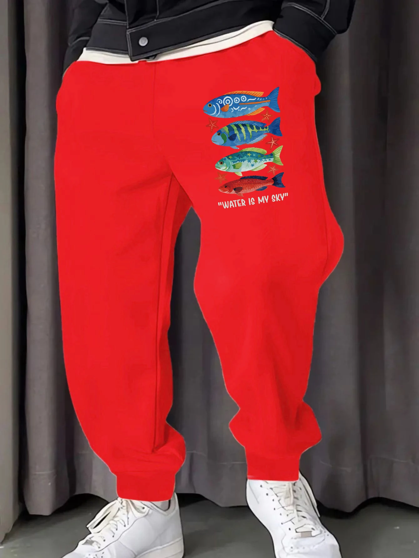 L'acqua è il mio Sku pesci colorati stampa pantaloni da uomo tasca pantaloni da jogging casual autunno abbigliamento sportivo in pile caldo pantaloni sportivi maschili