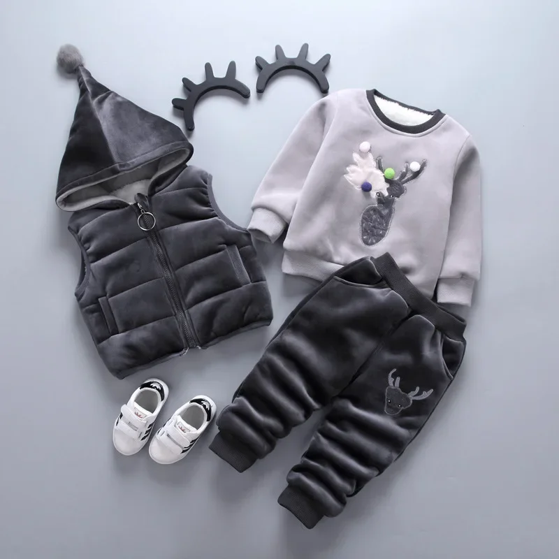 Baby Clothes Winter Velvet Warm Suit Hooded Sweater 3-Piece Set for 0-4 Year Old Boys Girls