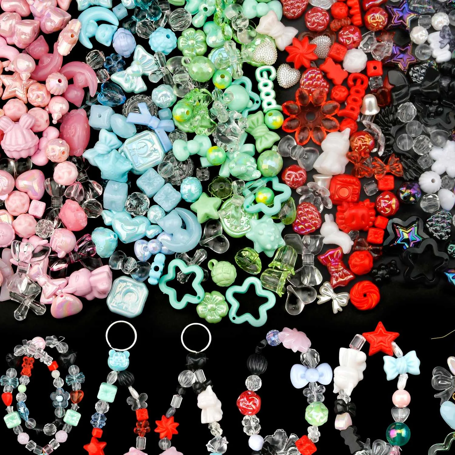 

200 г разноцветных акриловых бусин для изготовления браслетов, милые бусины для создания украшений, цветочные, бантиковые, бабочковые, конфетные, кавайные, эстетичные бусины
